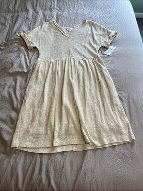 Textured V-Neck Casual Dress in Cream